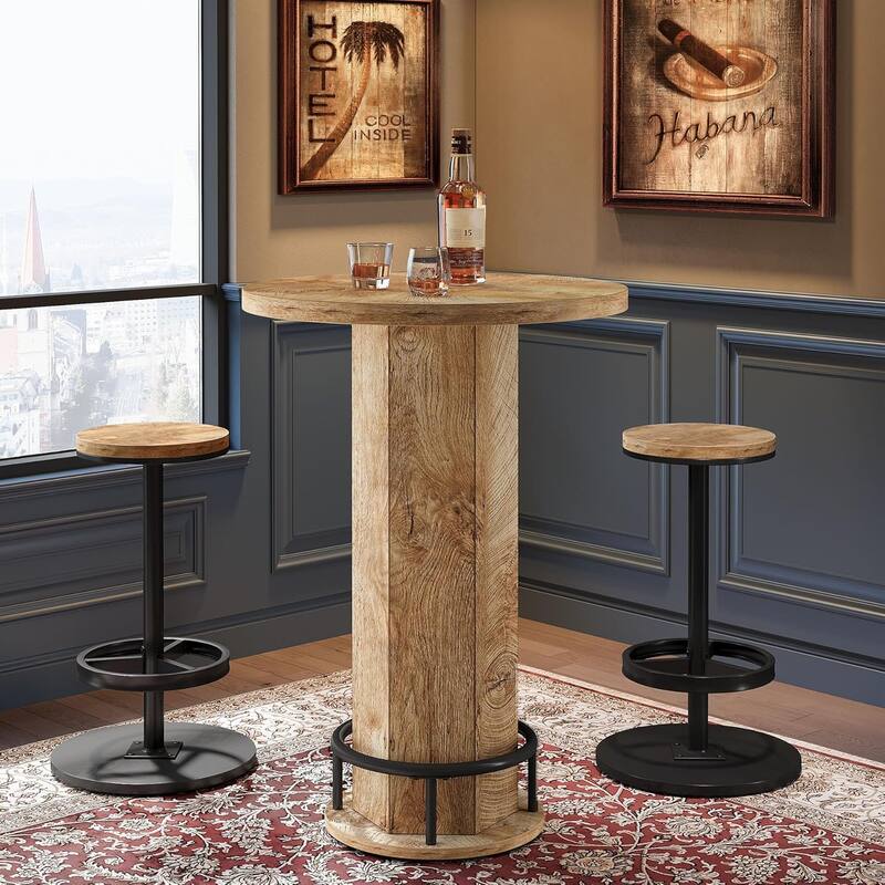 Round Bar Table with Chairs, Industrial Bistro Pub Sets with 2 barstools - 11.42" L x 11.42" W x 25.59" H - Light Brown