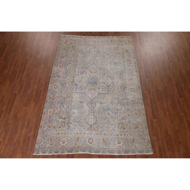 Antique Floral Distressed Tabriz Persian Rug Hand-knotted Wool Carpet - 6'8" x 10'0"