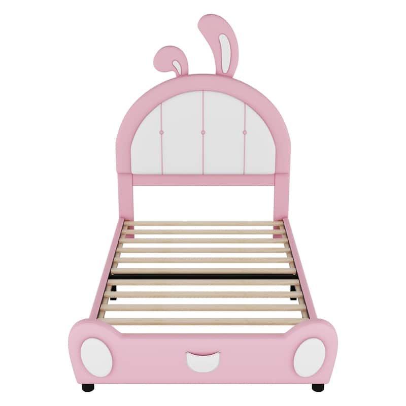 Twin Size Upholstered Platform Bed with Rabbit Shaped Headboard
