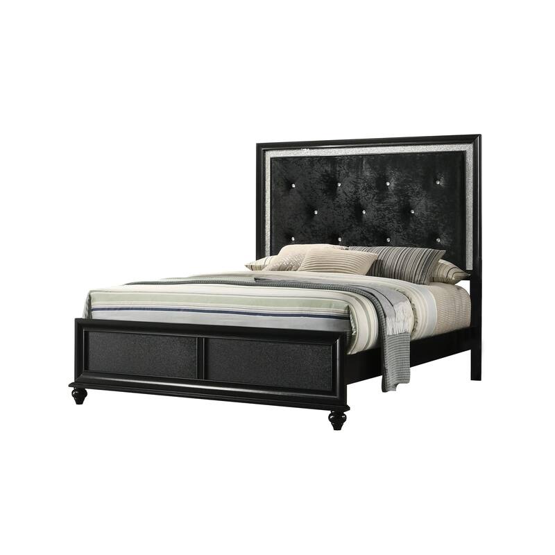 Lexi Queen Size Bed w Crystal Tufted Upholstery, Silver Glitter Trim, Black