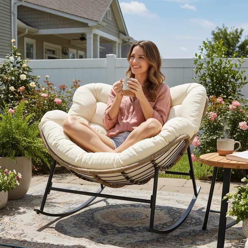 FINCATI Outdoor Royal Rocking Papasan Chair, Luxury Cozy Outdoor Rocking Chair, 450 lbs Indoor Extra Large Recliner Chair