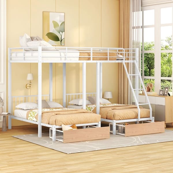 slide 2 of 26, Metal Bunk Bed with Drawers and Guardrails, Triple Beds White