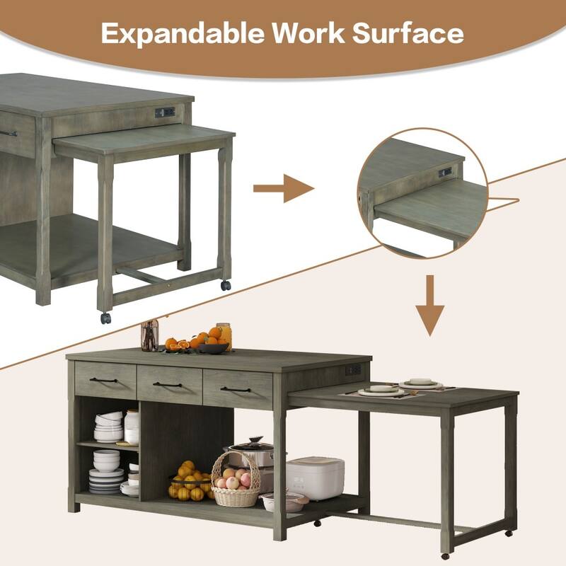 Retro Wooden Extendable Kitchen Island with Built-in Power Outlets and Drawers