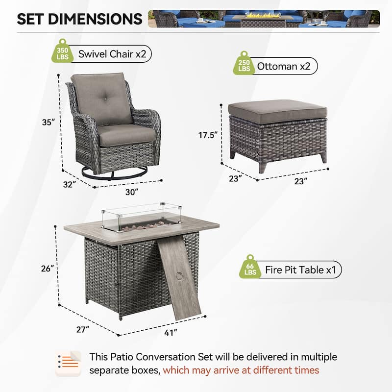 Fire Pit Table with Patio Glider Chairs Ottomans Grey-Grey - Grey