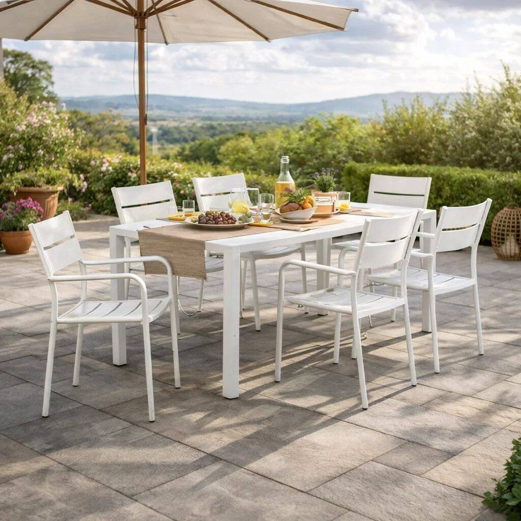 Meta 7 Piece Outdoor Dining Table, Chairs Set, White, Plank Seat and Backs