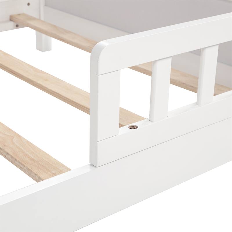 Twin Size Pine Bed w/ Bookcase Headboard ,LED Sensor Light, Guardrails