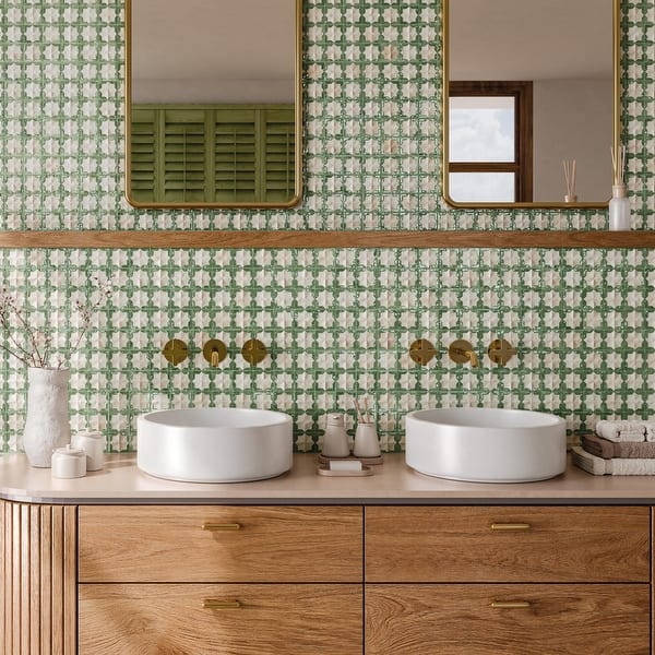 slide 2 of 13, Merola Tile Tetuan Astre Arena Emerald 12-1/8" x 21-7/8" Porcelain Wall Tile Case (7 Tiles)