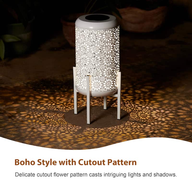 Glitzhome 14"H Outdoor Metal Cutout Flower/Leaves Solar Light Standing Lanterns Waterproof