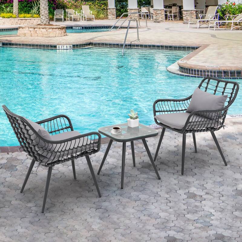 3-Piece Outdoor Patio Bistro Set with Handwoven Rattan, Tempered Glass Table, and Cushioned Chairs for Garden, Poolside - Grey