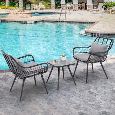 3-Piece Outdoor Patio Bistro Set with Handwoven Rattan, Tempered Glass Table, and Cushioned Chairs for Garden, Poolside
