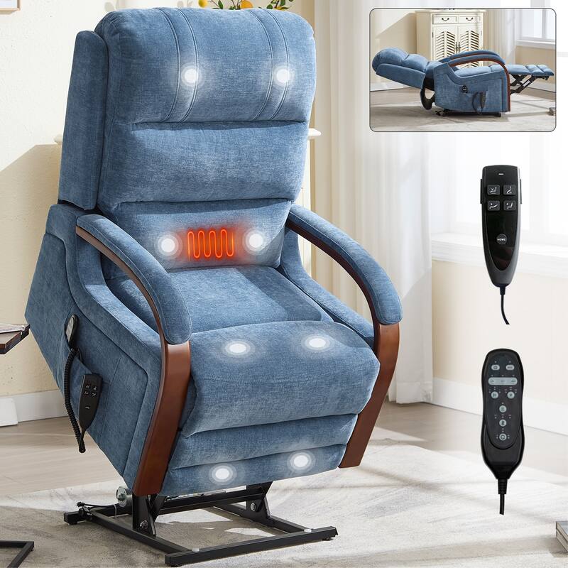 Roomfitters Dual Motor Power Lift Recliner, Infinite Position Massage Chair with Solid Wood Armrests, Chenille - Blue