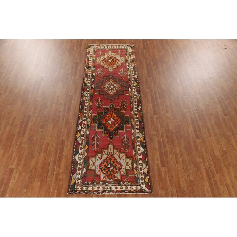 Hamedan Persian Vintage Runner Rug Handmade Wool Carpet - 3'10"x 11'9"