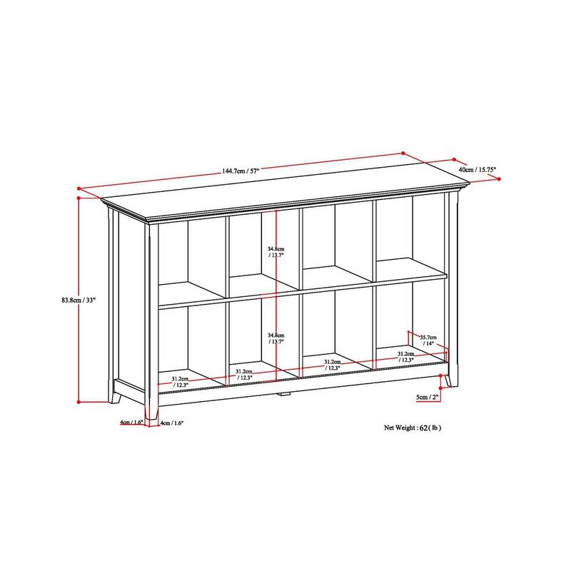 WYNDENHALL Halifax SOLID WOOD 57 inch Wide Transitional 8 Cube Bookcase Storage Sofa Table - 57"W x 15.75" D x 33" H