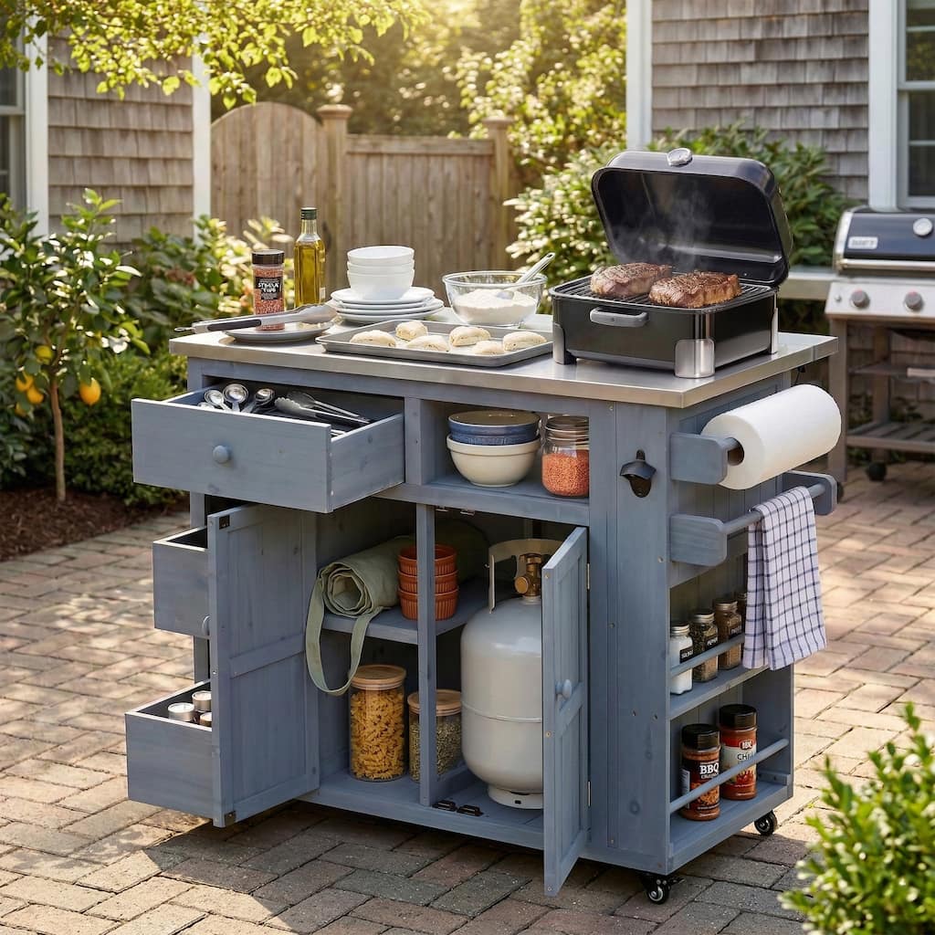 Outdoor Solid Wood Extendable Kitchen Island with Stainless Steel Top, Side Spice Rack, Drawers & Storage Cabinet