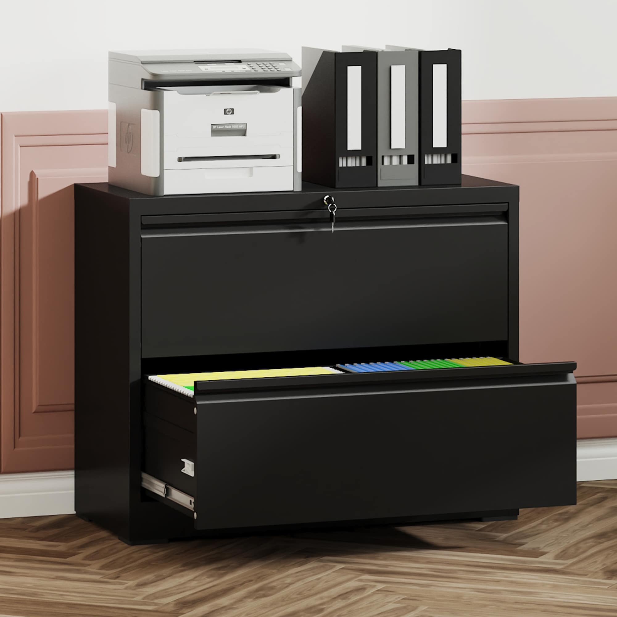 Modern Filing Cabinet Horizontal Filing Cabinet, Heavy Duty Filing Cabinet with silent slides and locks, for home office, Black