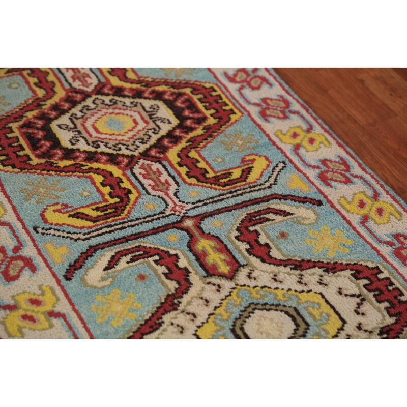 Light Blue Geometric Kazak Indian Runner Rug Handmade Wool Carpet - 2'6"x 9'11"