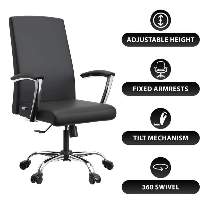 LeisureMod Evander Modern Swivel Office Chair in Faux Leather with Silver Frame