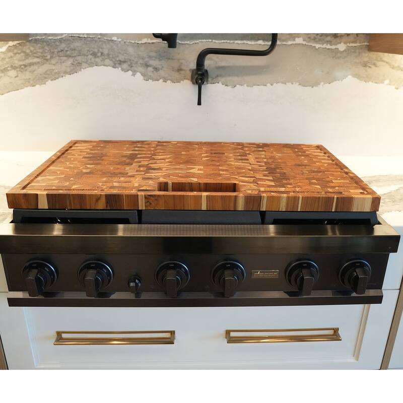 EcoDecors Extra Large Solid Teak Butcher Block 34 x 20 End Grain Cutting Board with Juice Groove, Waste Slot, Integrated Handles