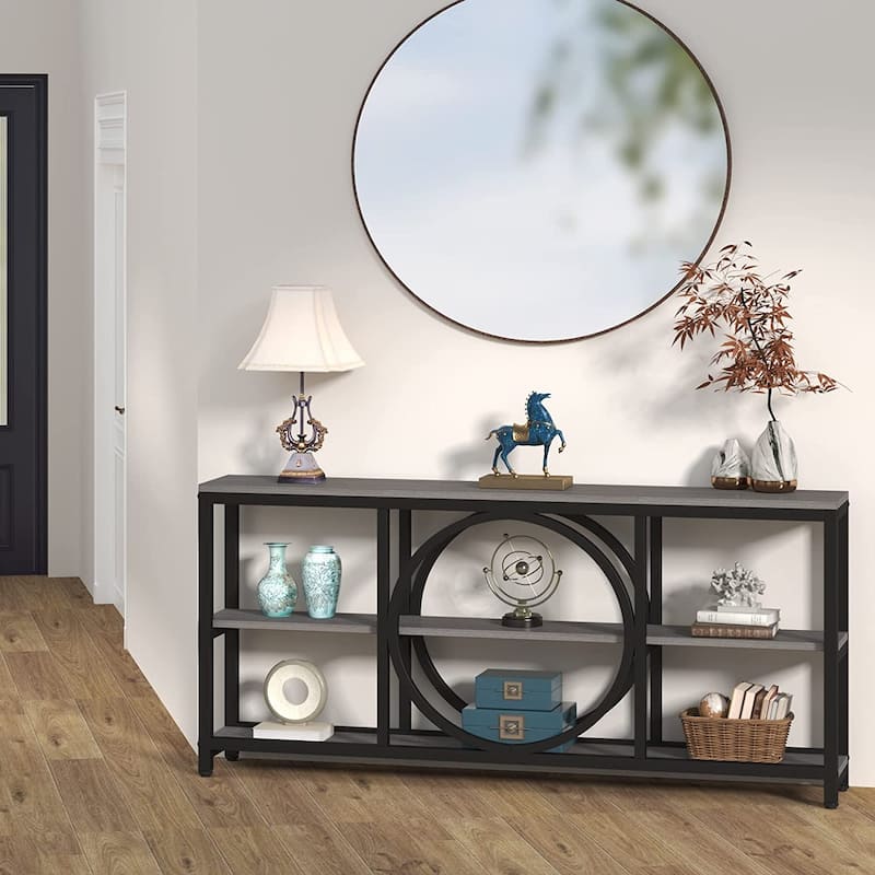70.9 inch Sofa Console Table with 3 Tier Wood Storage Shelves Industrial Metal Frame for Foyer Hallway Living Room Behind Couch