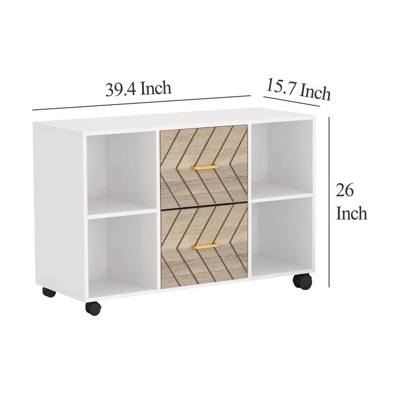 File Cabinet, 4 Storage Shelves, 2 Brown Drawers, Wheel Base 39 Inch