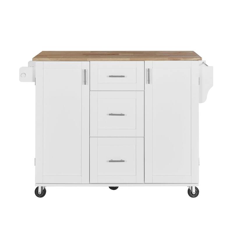 Rubberwood Kitchen Cart with Internal Storage Rack, Spice Rack, 2 Slide-Out Shelf, and 3 Drawer