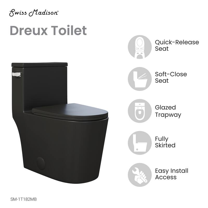 Dreux One Piece Elongated Toilet Left Side Flush In Matte Black 1.28 Gpf - 27.95" x 16.14" x 29.92"