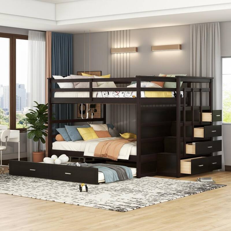 Full-Over-Full Staircase Bunk Bed with Pull-Out Twin Trundle and 4-Drawer Storage by Harper&Bright Designs - Espresso