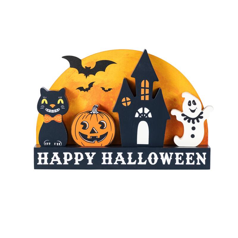 Glitzhome Set of 5 Wooden HAPPY HALLOWEEN Decorative Moon Table Signs with Black Cat, Jack O Lantern, Ghost and Haunted House