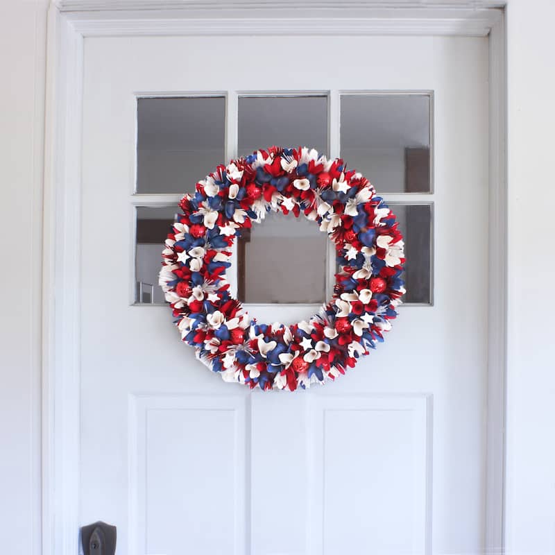 21" Red, White and Blue Flowers and Ornaments Wreath