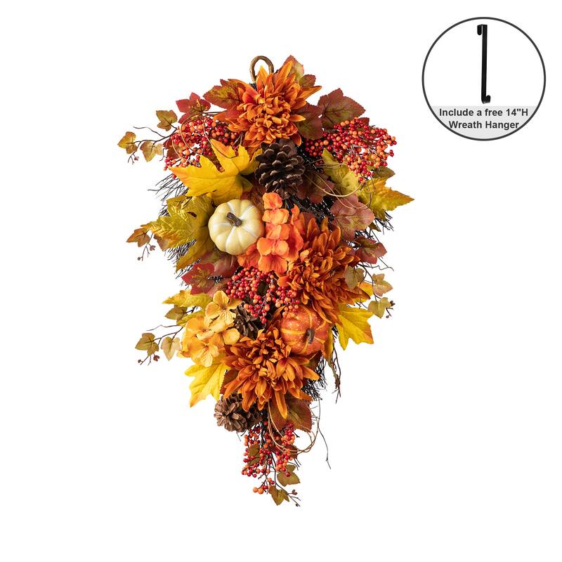 Glitzhome 27"H Fall Dahlia Pumpkin Leaf & Berry Swag Wreath with Hanger