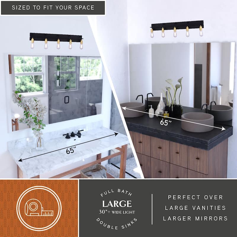 Seward Park 5-Light 36 in. W Black and Satin Brass Gold Bare Bulb Industrial Bathroom Vanity Lighting Fixture, Full Backplate