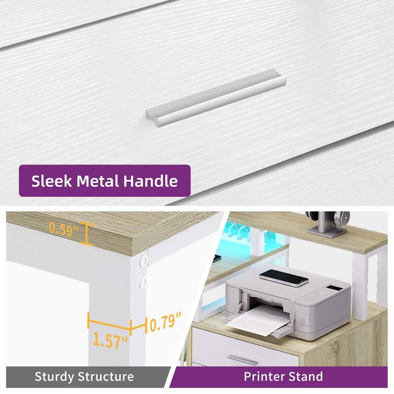 Moasis 65-inch L Shaped Computer Office Desk with Cabinet Drawers Gaming Desk w/Power Outlets & LED Lights