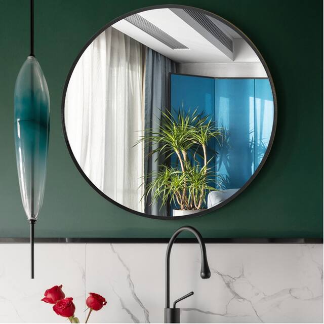 Neutypechic Modern Thin Frame Wall-Mounted Vanity Round Mirror - 28 - Black