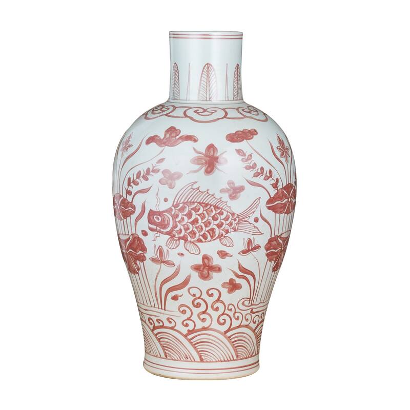 Coral Red Baluster Vase Plum Tree Motif - Small