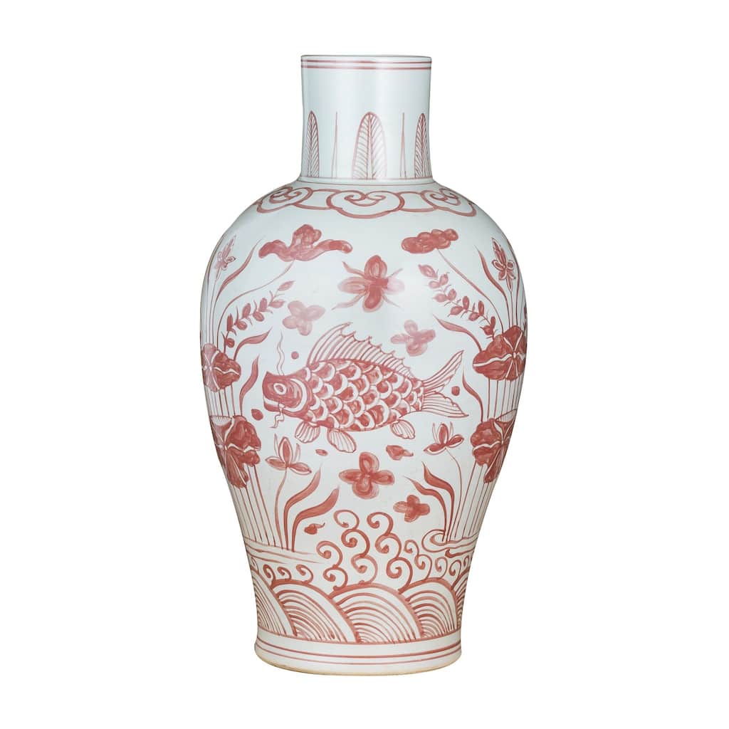 Coral Red Baluster Vase Plum Tree Motif - Small