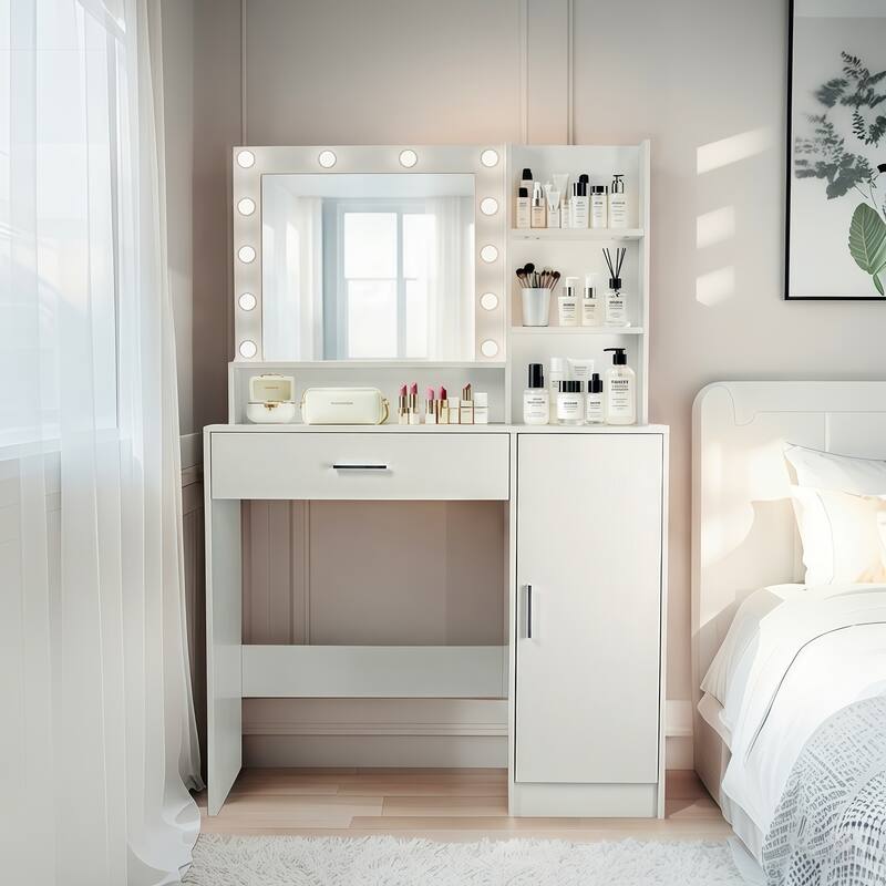 Vanity Desk with Mirror and Lights, Makeup Vanity with Drawer & Storage Cabinet, Adjustable Brightness, with Open Shelves