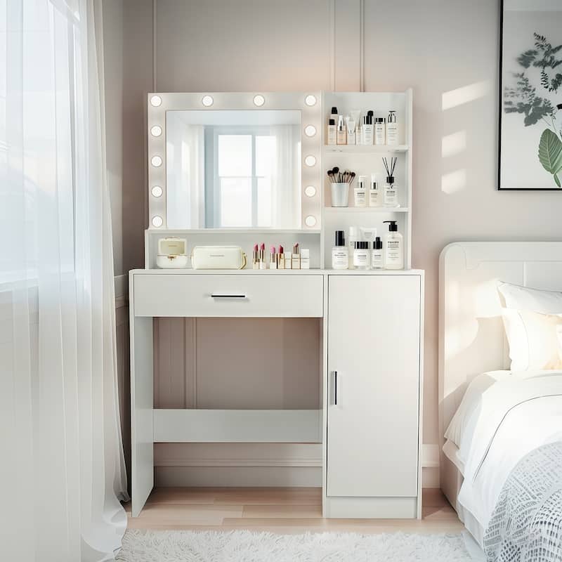 Vanity Desk with Mirror and Lights,with Drawer & Storage Cabinet,3 Lighting Modes Adjustable Brightness,with Open Shelves