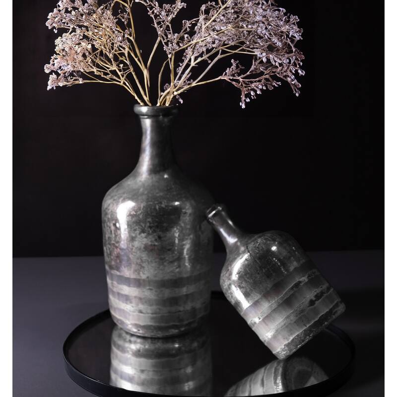 Decorative Silver Glass Bottle/Vase Dia 5" & H 10" - LUSTER SILVER ETCHIN - LUSTER SILVER ETCHIN