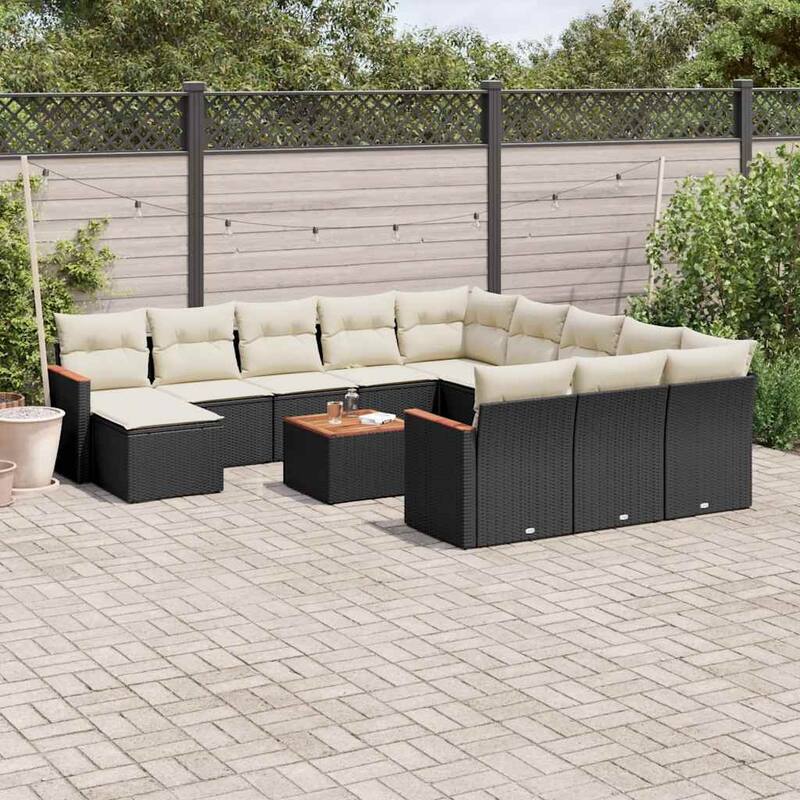 vidaXL Patio Sofa Set with Cushions Outdoor Conversation Furniture Poly Rattan - 24.4 x 24.4 x 27.2 in - Black and cream with table