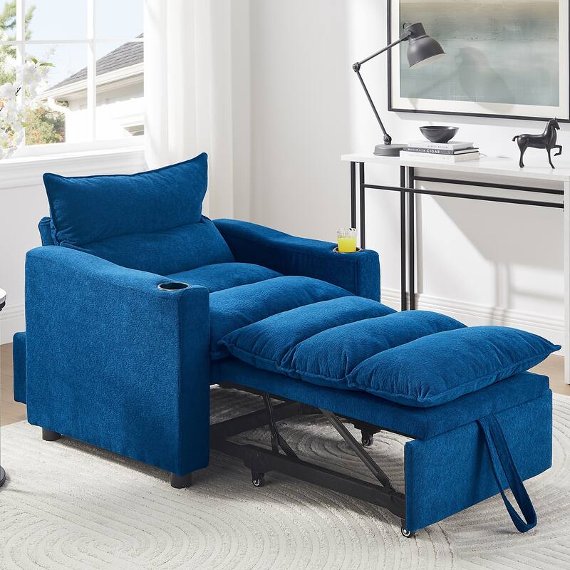 Anmytek 3-in-1 Multifunctional Convertible Sleeper Chair - Adjustable Pullout Sofa Bed with Modern Velvet Fabric - Blue