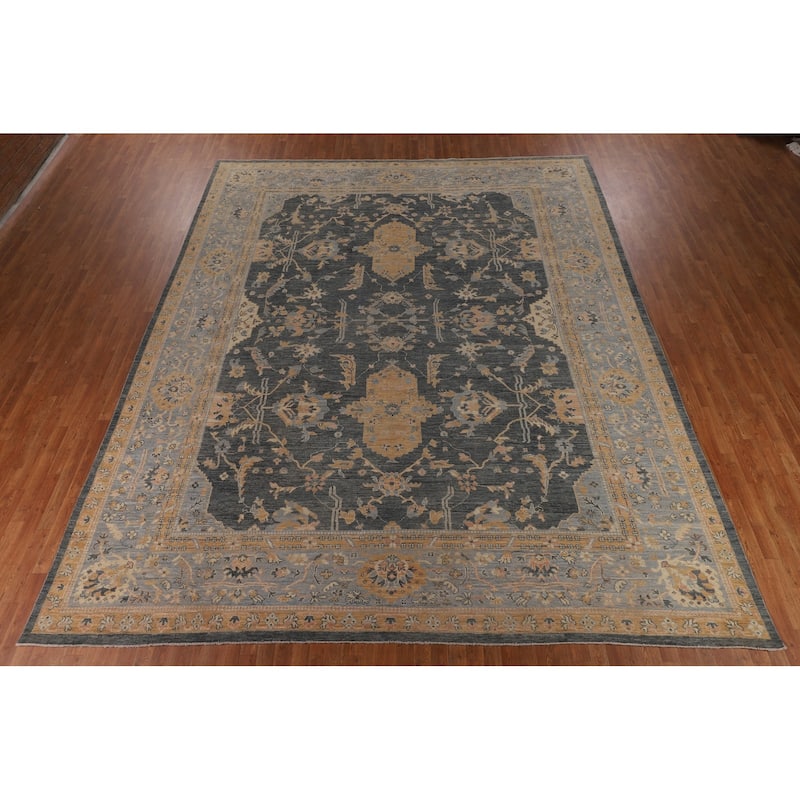 Vegetable Dye Floral Oushak Turkish Large Rug Handmade Wool Carpet - 11'11"x 14'7"
