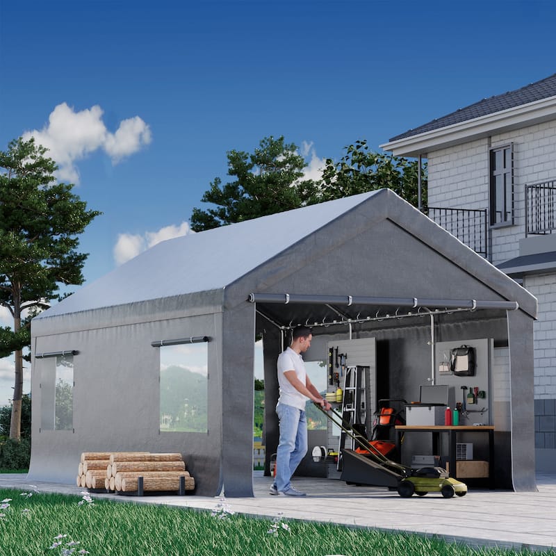 Heavy-Duty Fully Enclosed Carport - UV-Resistant, Waterproof Canopy with Roll-Up Windows & Reinforced Steel Frame - 12' x 20' - Grey
