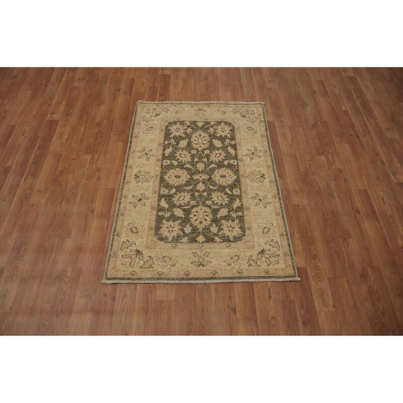 Hand Knotted Oriental 100% Wool Carpet Traditional Floral Brown Peshawar Area Rug - 4' 0'' X 2' 9''