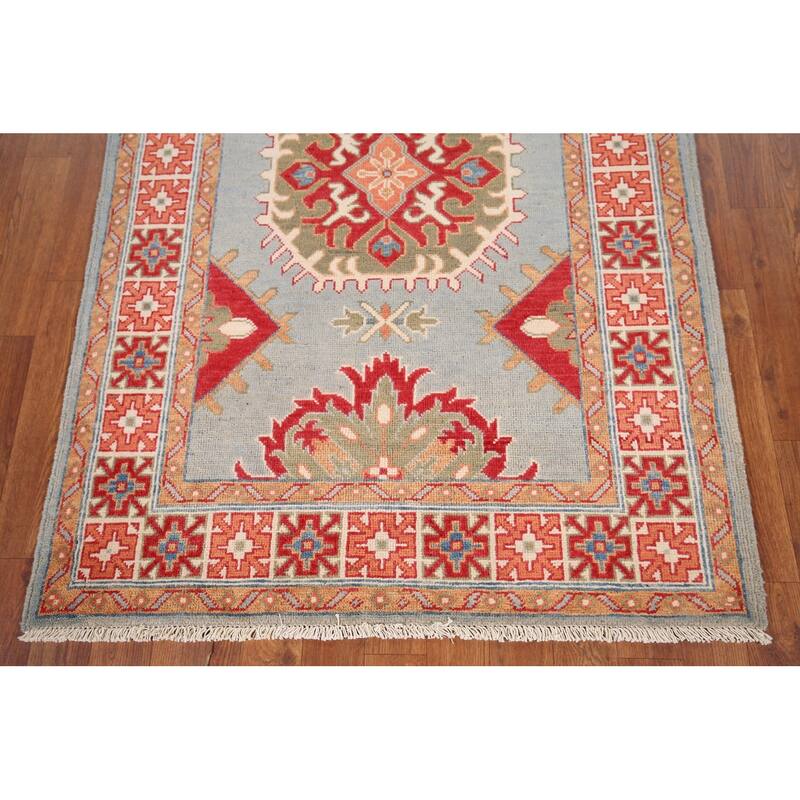 Kazak Accent Rug Hand-Knotted Geometric Wool Carpet - 3'4" x 4'11"