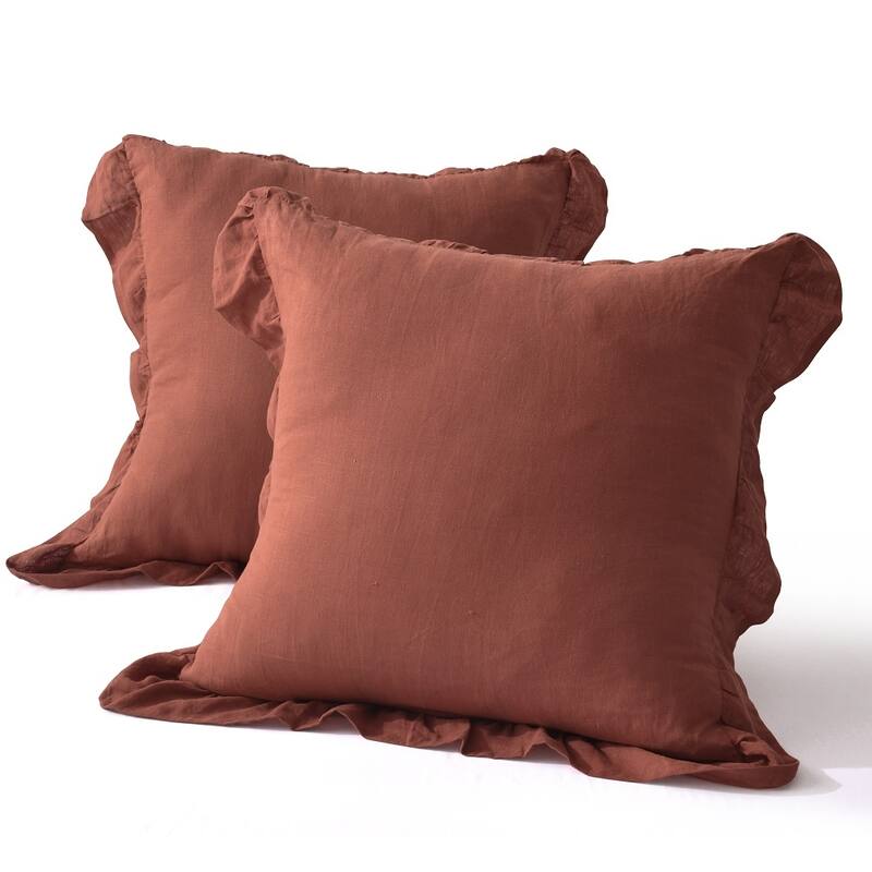WHOLINENS Washed French Linen Euro Pillow Shams 26x26 Inches - Cayenne