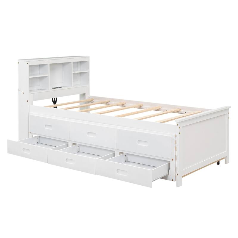 Platform Bed with Storage Headboard, USB, Twin Size Trundle and 3 Drawers