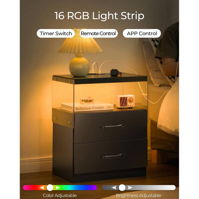 LED Nightstand with Adjustable Colors, 2 Drawers & Power Outlets