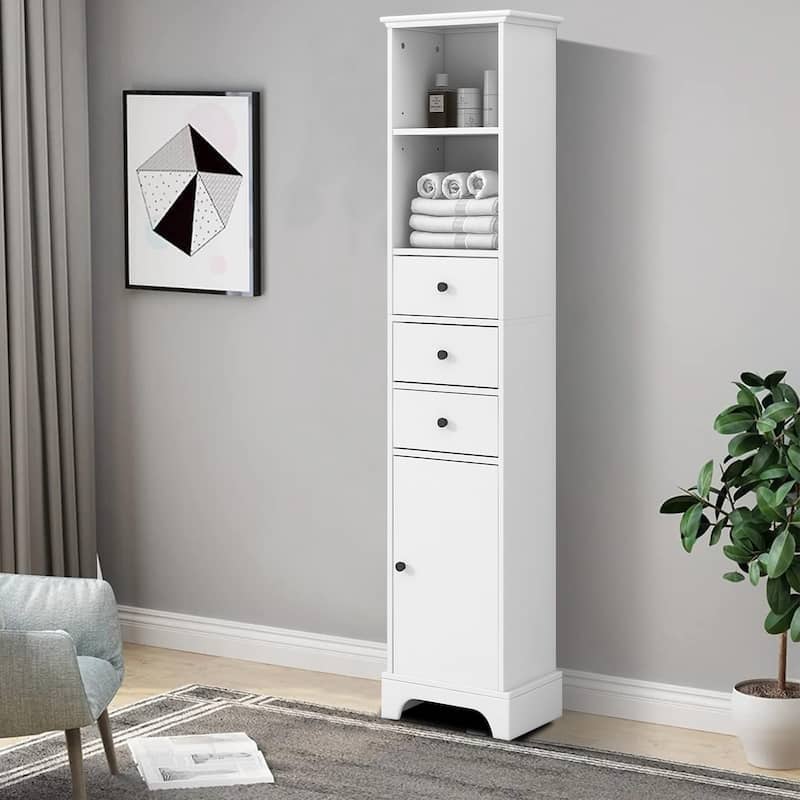 Slim Tall Bathroom Storage Cabinet with an Open Shelf, Three Drawers and a Cabinet - White