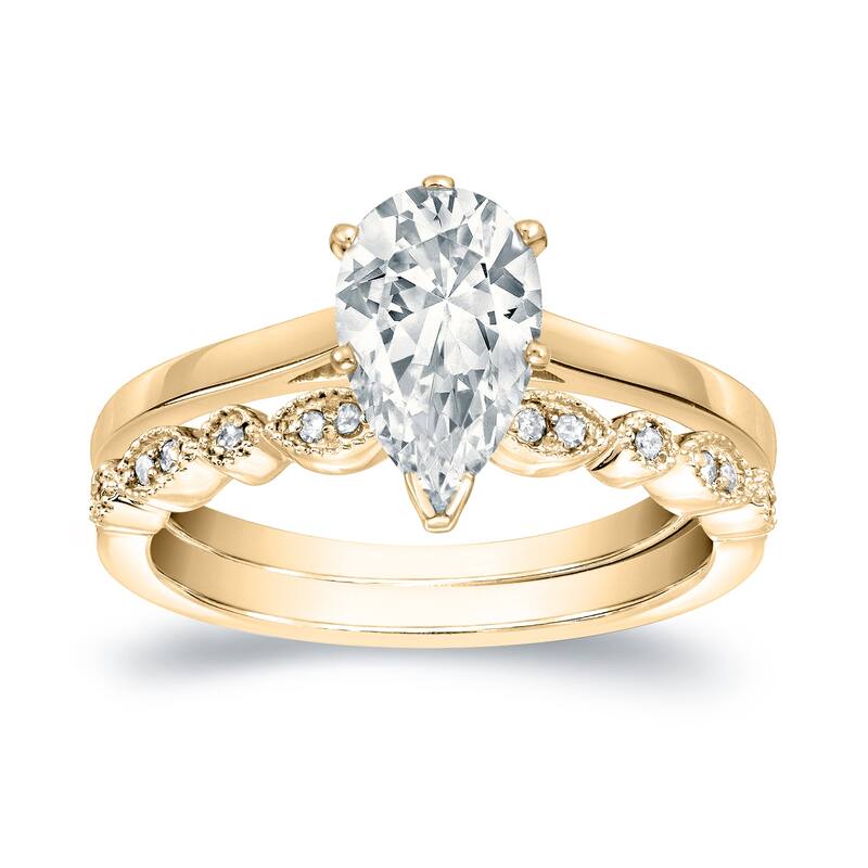 Auriya 14k Gold 1 1/6ctw Vintage Pear Shape Solitaire Diamond Engagement Ring Set