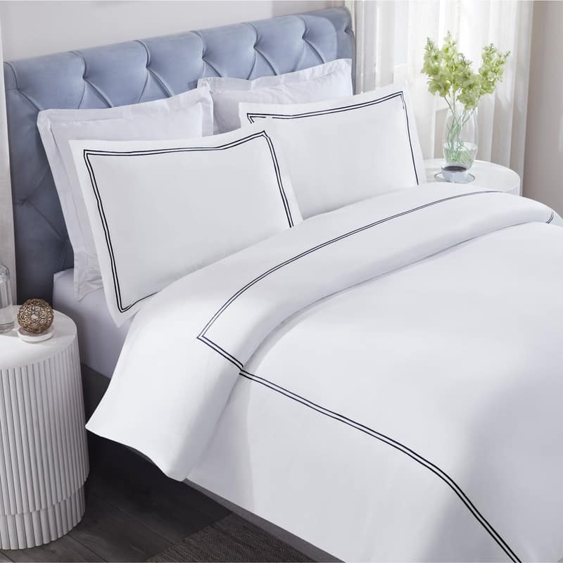 Superior Fieldstone Cotton Two-Line Embroidered Duvet Cover Set